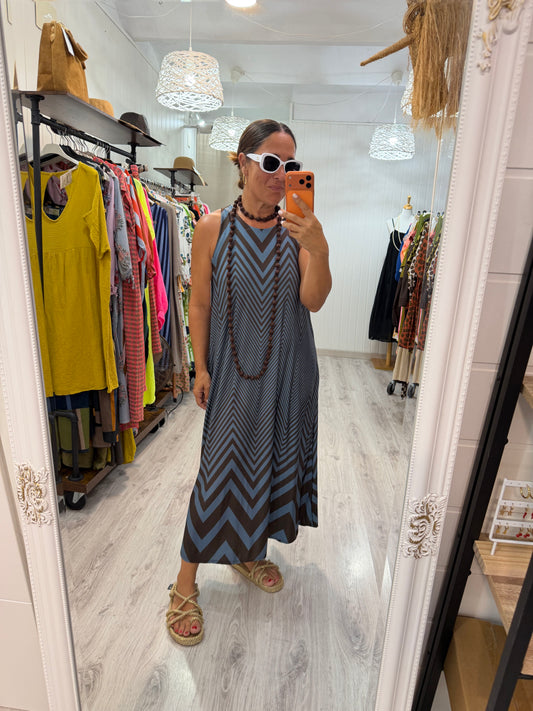 Vestido Ziggy licra fría chocolate y azul