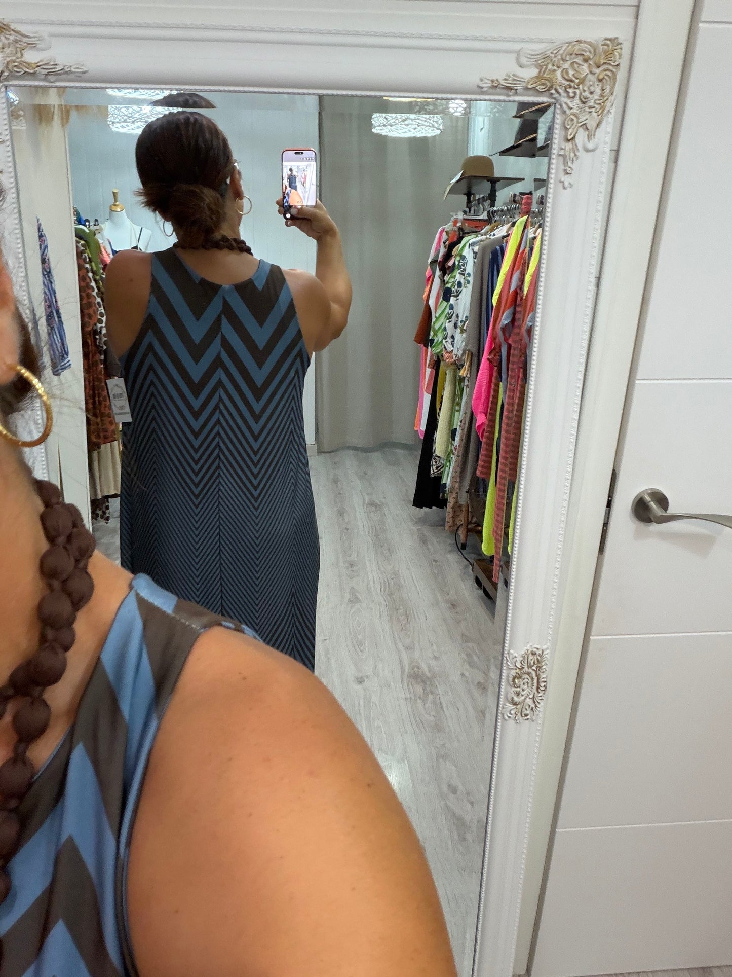Vestido Ziggy licra fría chocolate y azul
