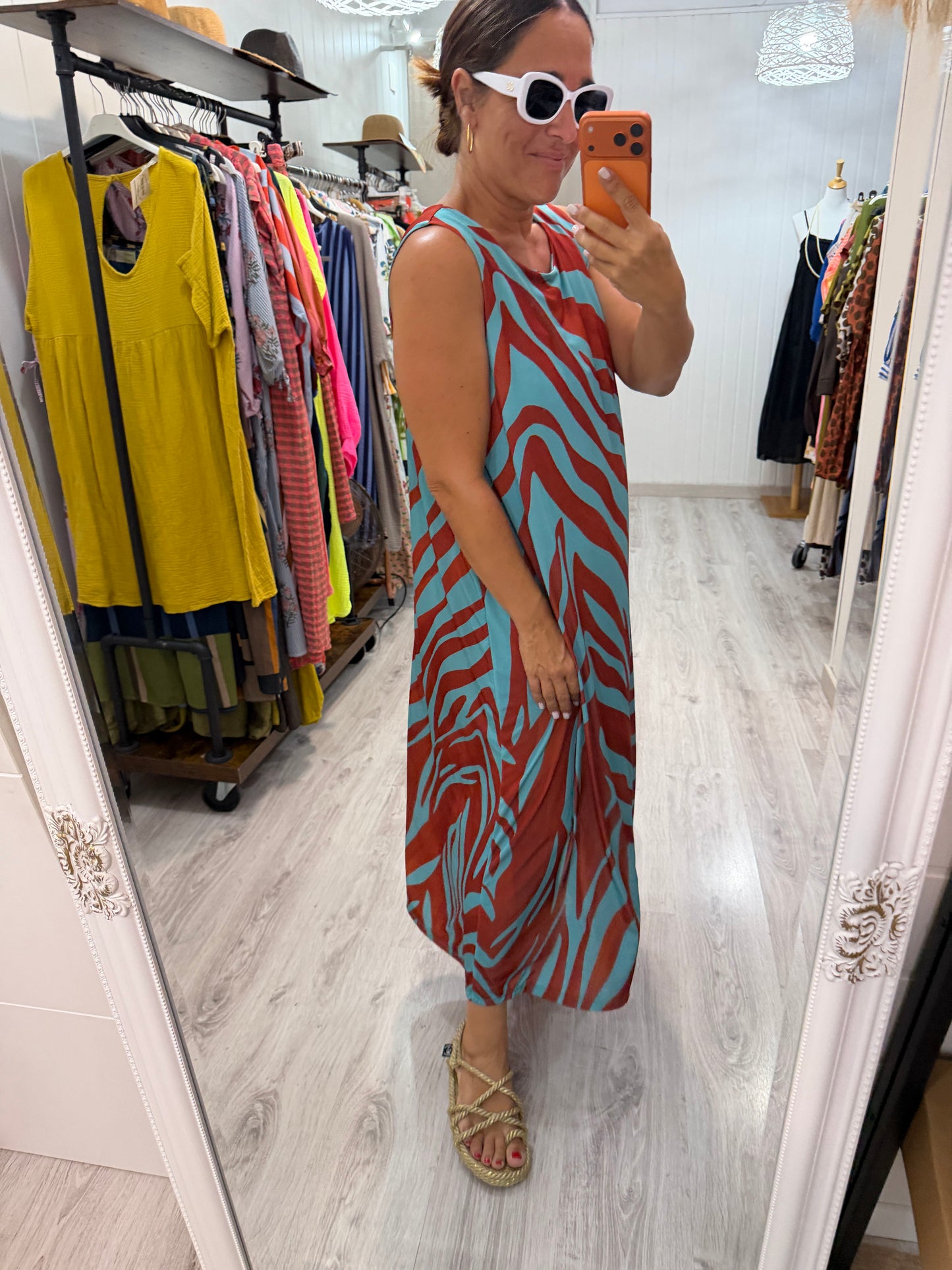 Vestido Zambia licra fría caldera y turquesa