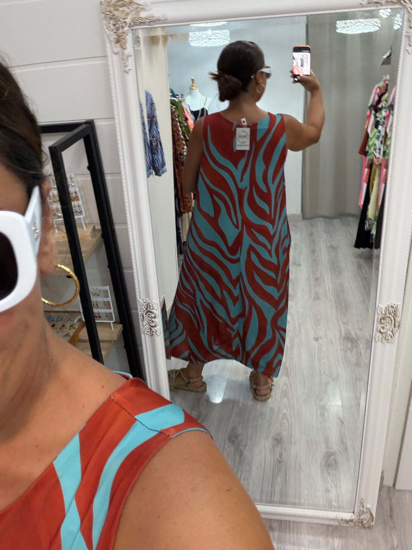 Vestido Zambia licra fría caldera y turquesa