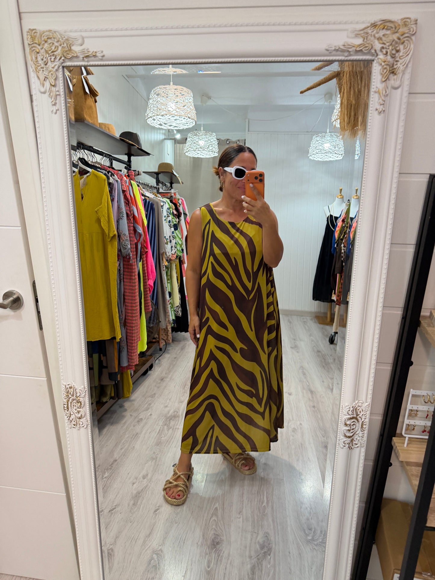 Vestido Zambia licra fría mostaza y chocolate