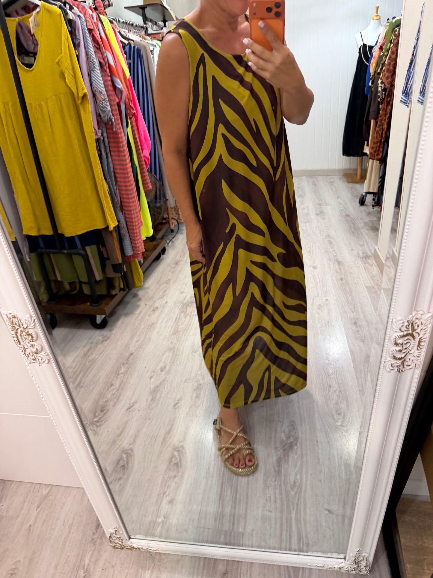 Vestido Zambia licra fría mostaza y chocolate