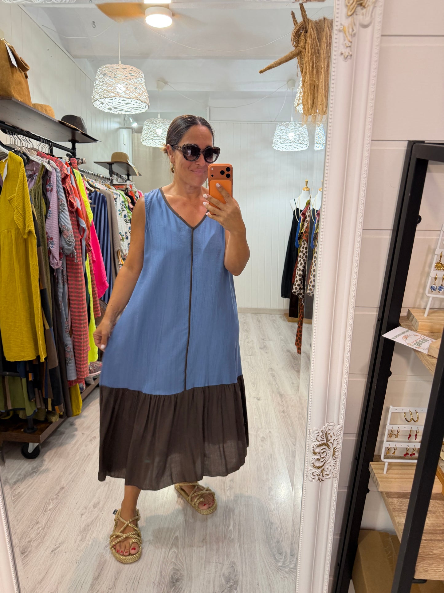 Vestido Ana azul cielo y chocolate