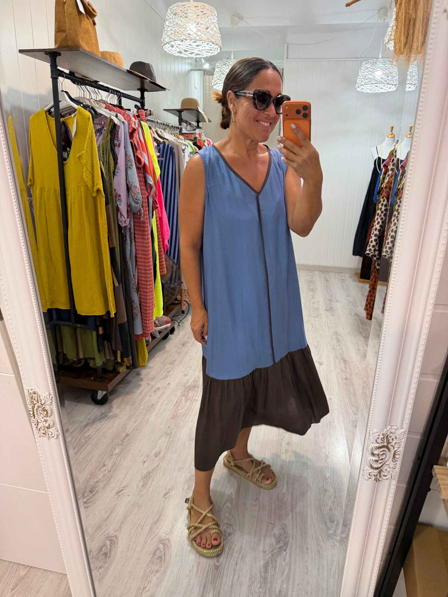 Vestido Ana azul cielo y chocolate
