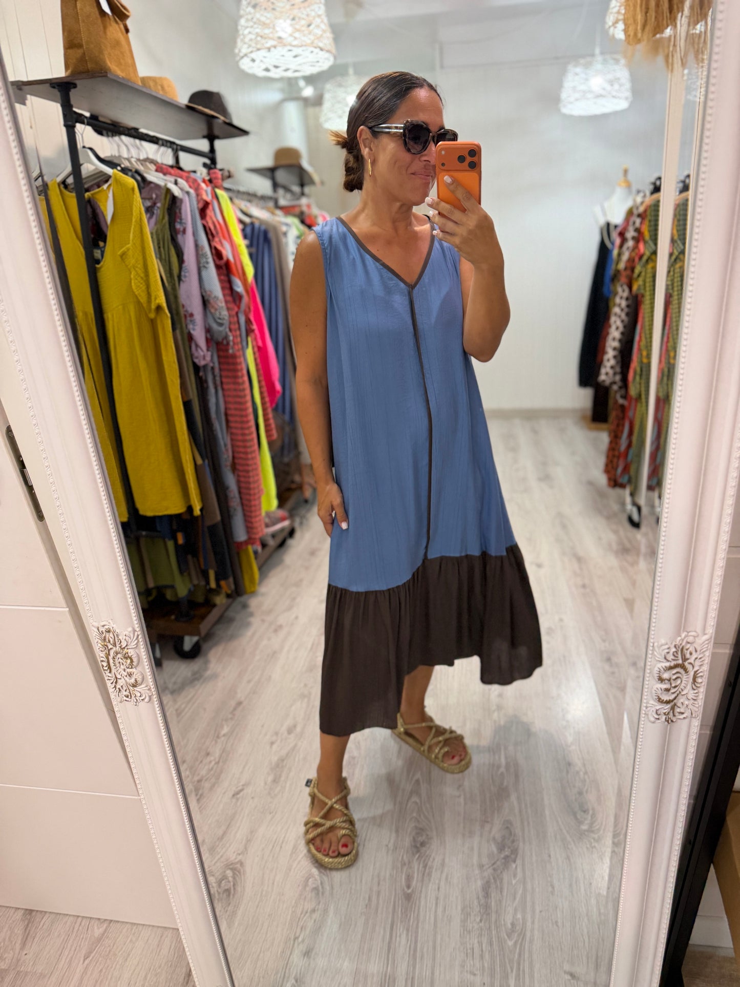 Vestido Ana azul cielo y chocolate