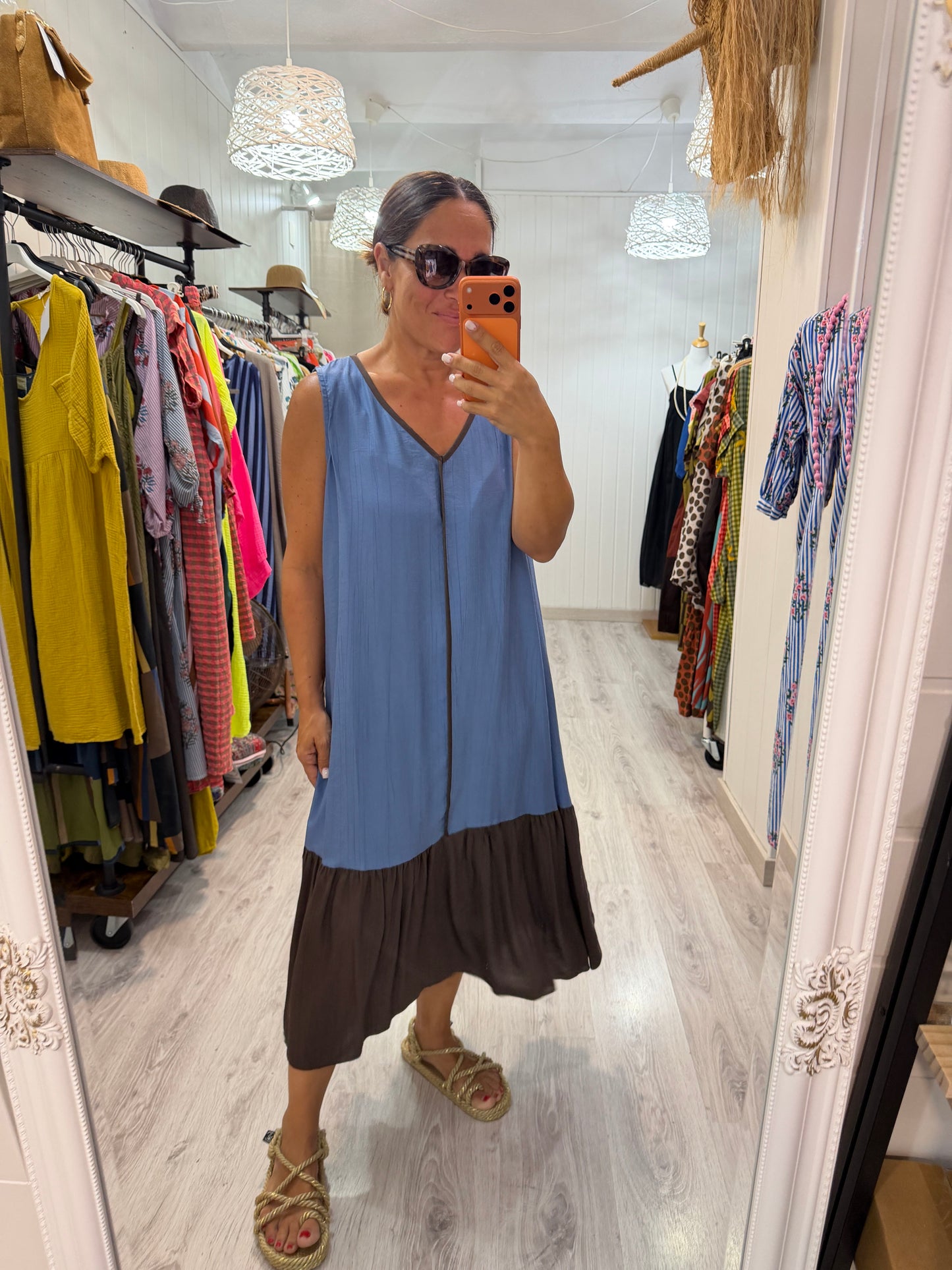 Vestido Ana azul cielo y chocolate
