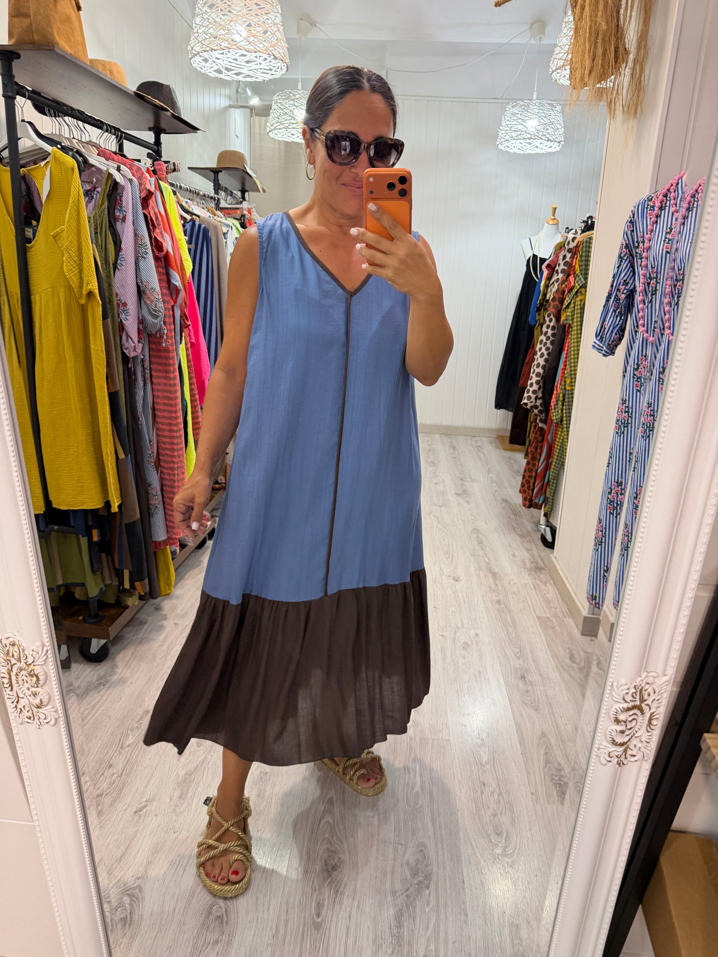 Vestido Ana azul cielo y chocolate