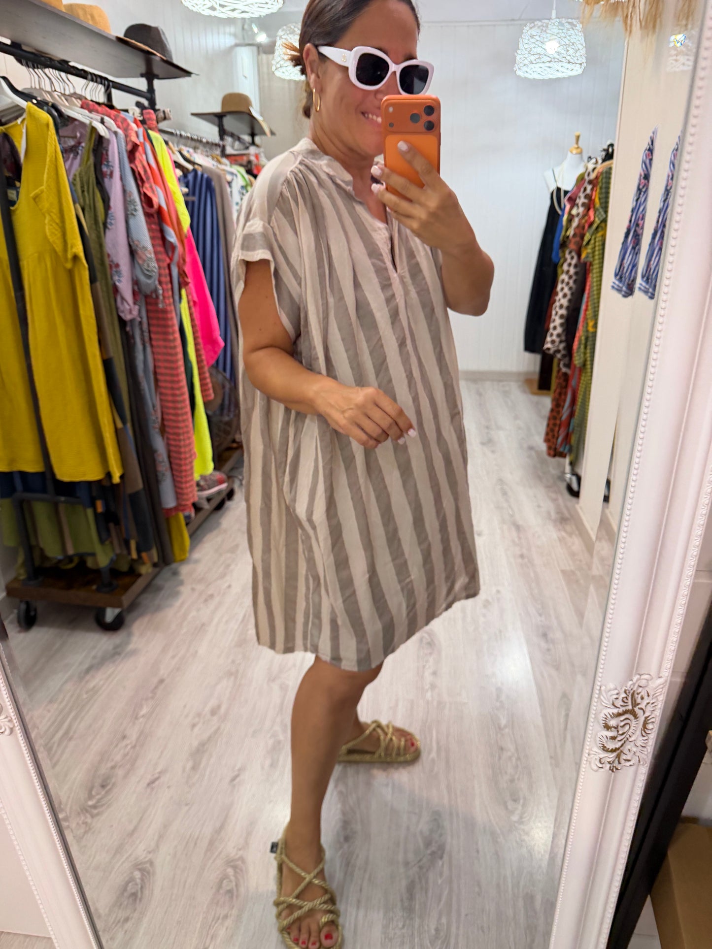 Vestido Cangas beige y taupe