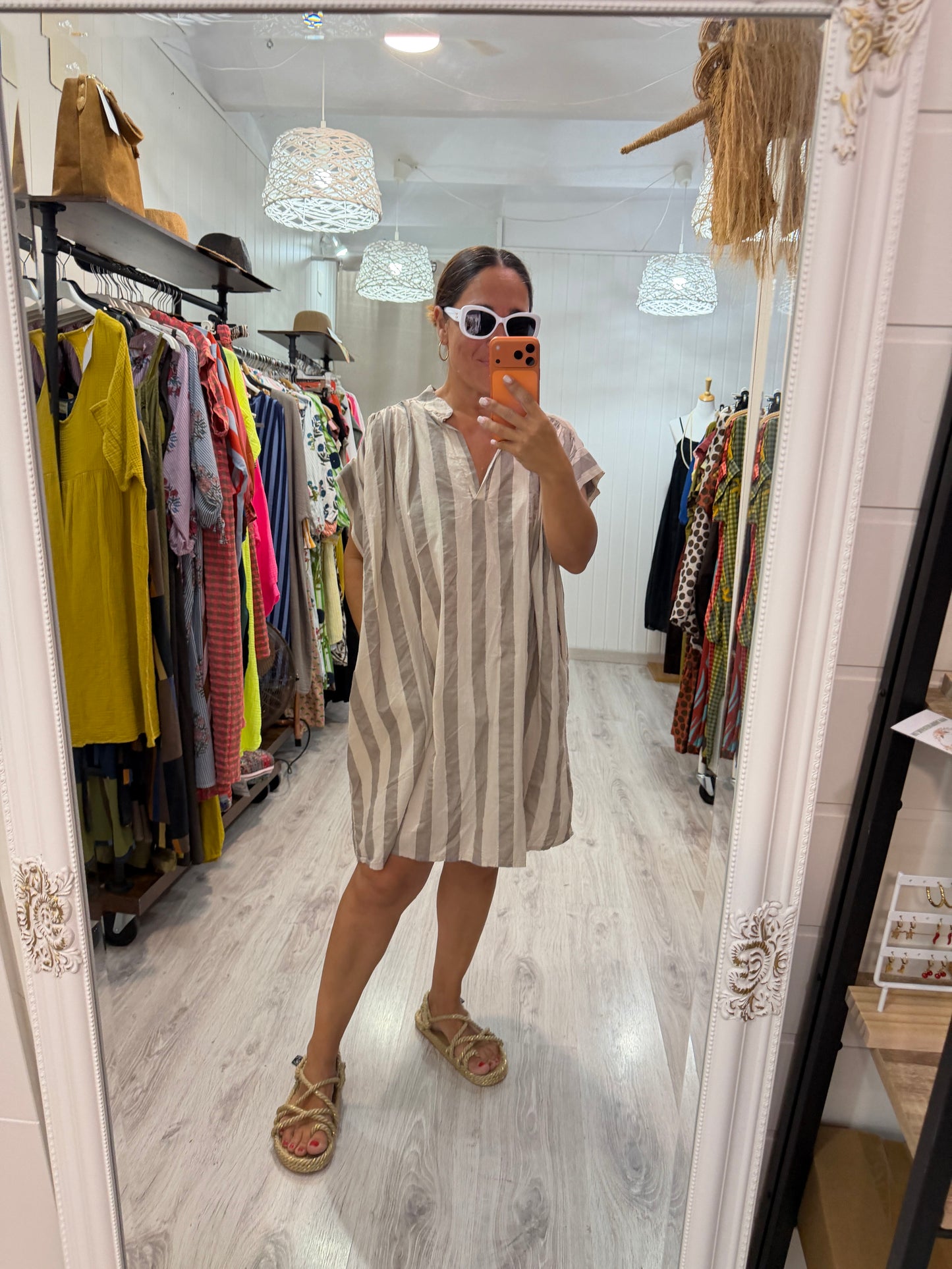 Vestido Cangas beige y taupe