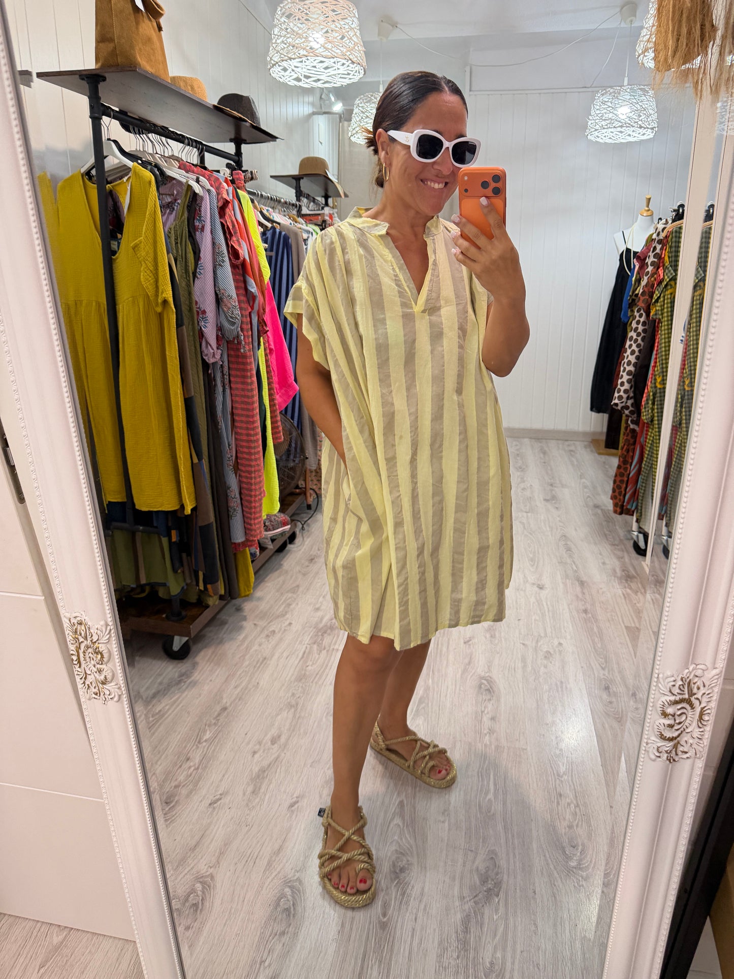 Vestido Cangas amarillo y taupe