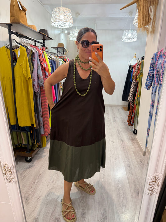 Vestido Bicolor chocolate y verde
