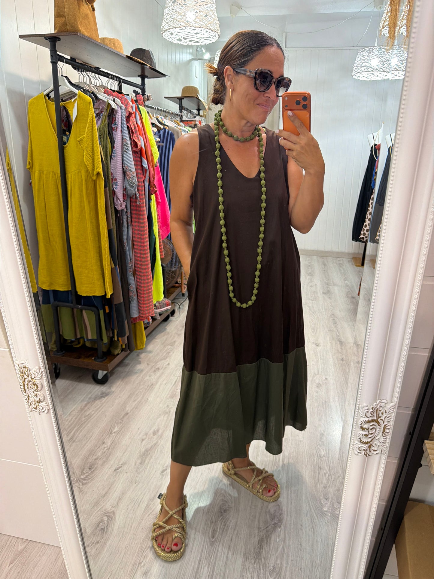 Vestido Bicolor chocolate y verde