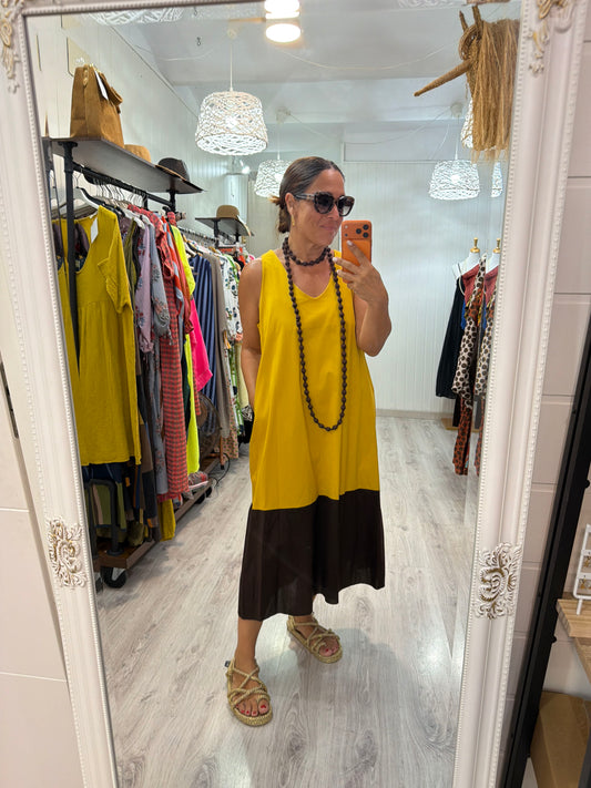 Vestido Bicolor mostaza y chocolate