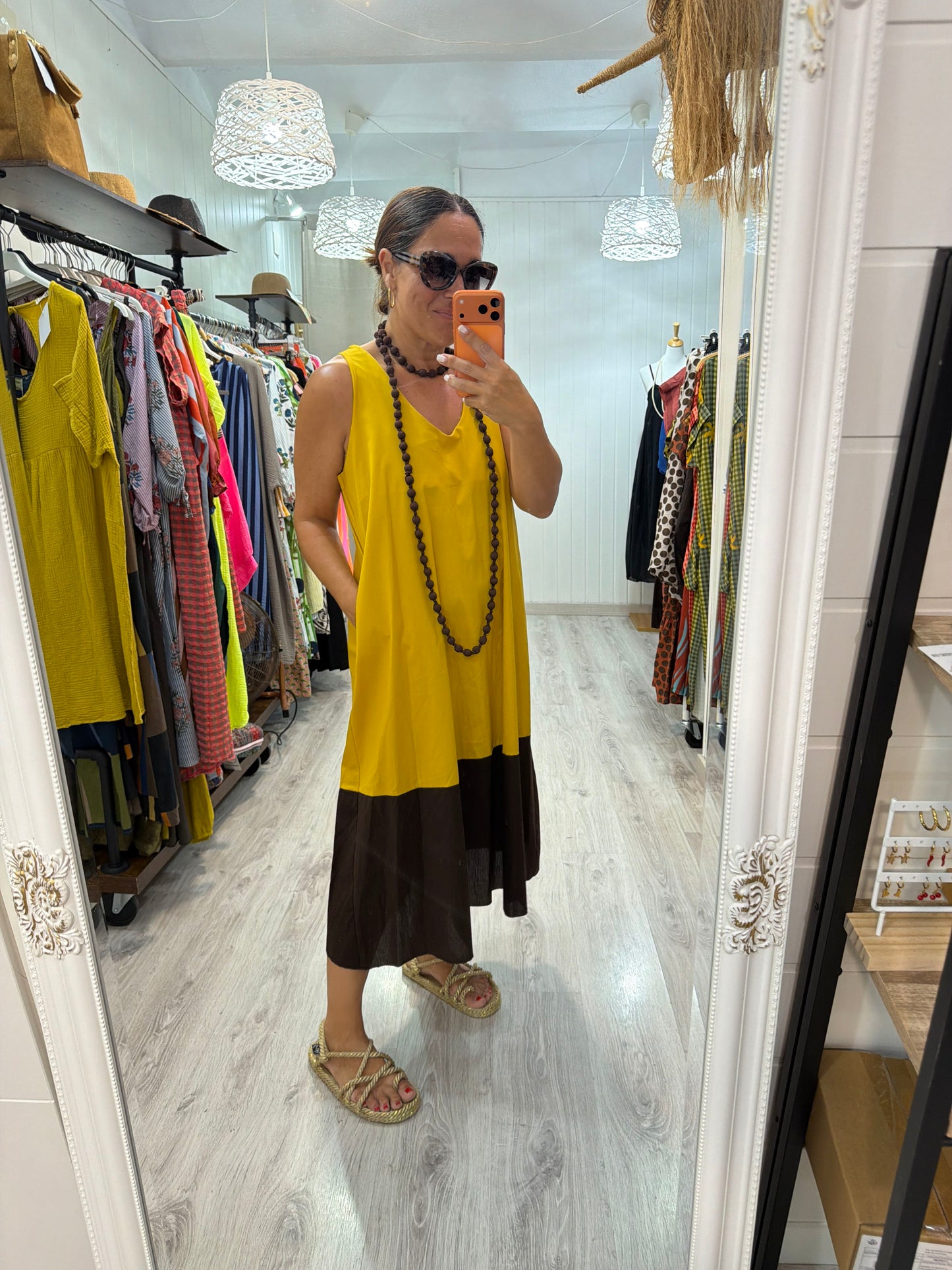 Vestido Bicolor mostaza y chocolate