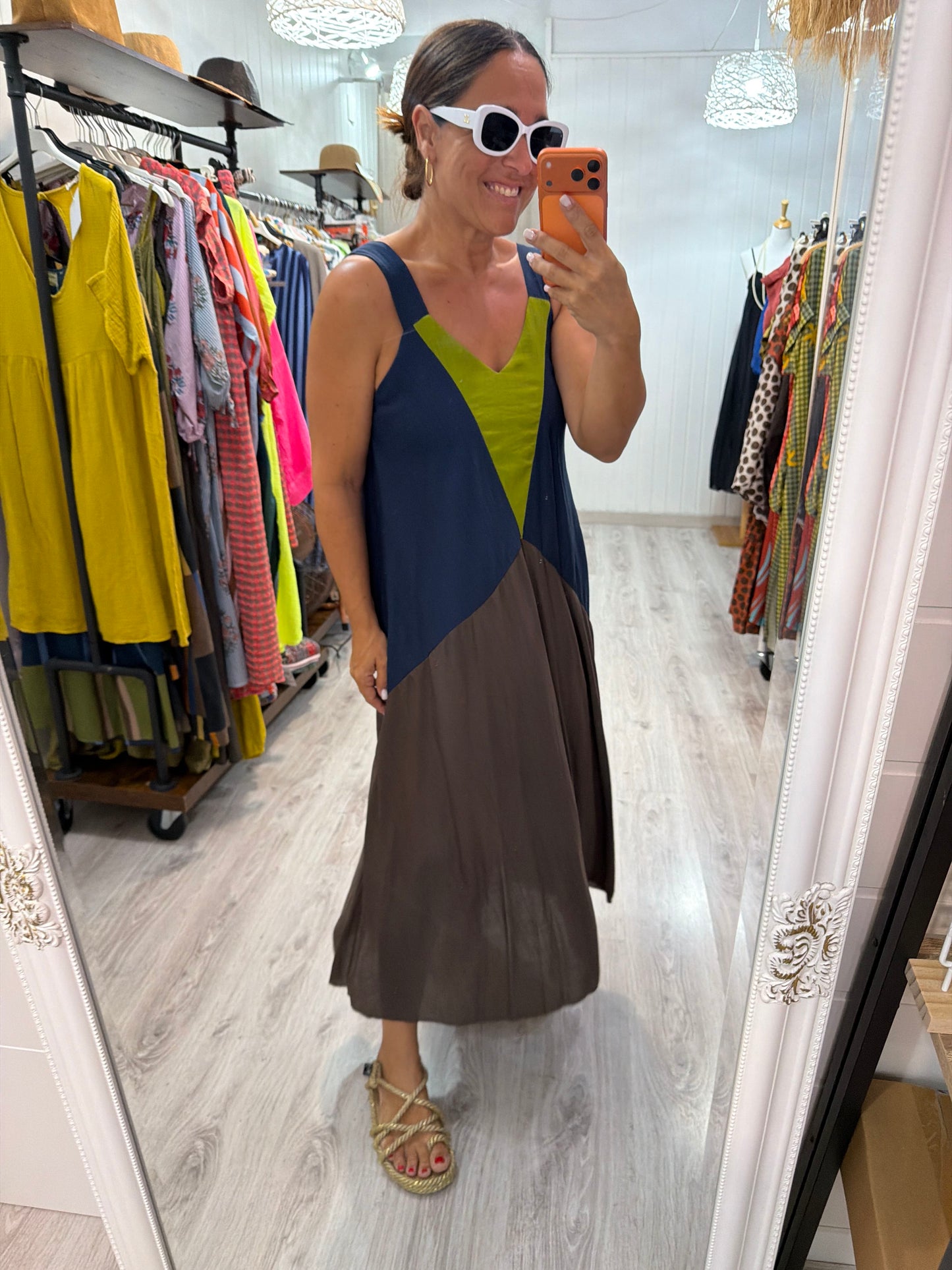 Vestido Tricolor azul, pistacho y chocolate
