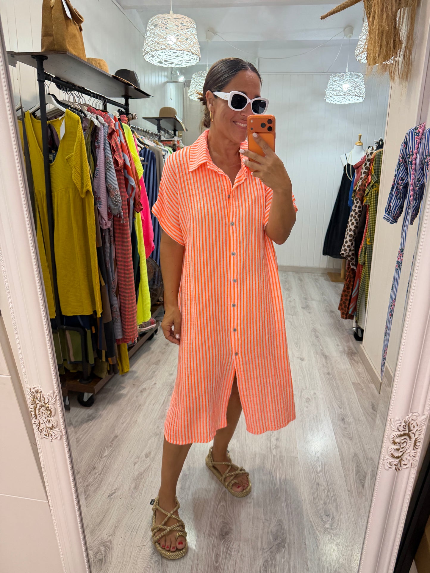 Vestido Bambula camisero navy naranja fluor