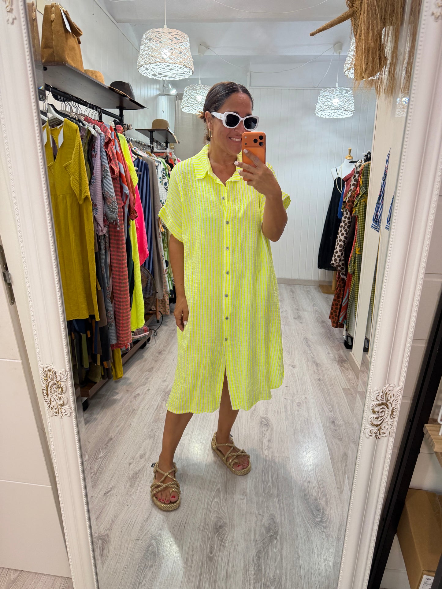Vestido Bambula camisero navy amarilo fluor