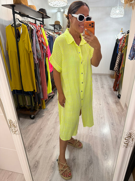 Vestido Bambula camisero navy amarilo fluor