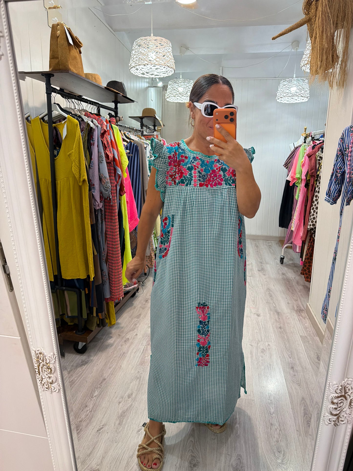 Vestido Mexicano Oaxaca Vichy floral turquesa