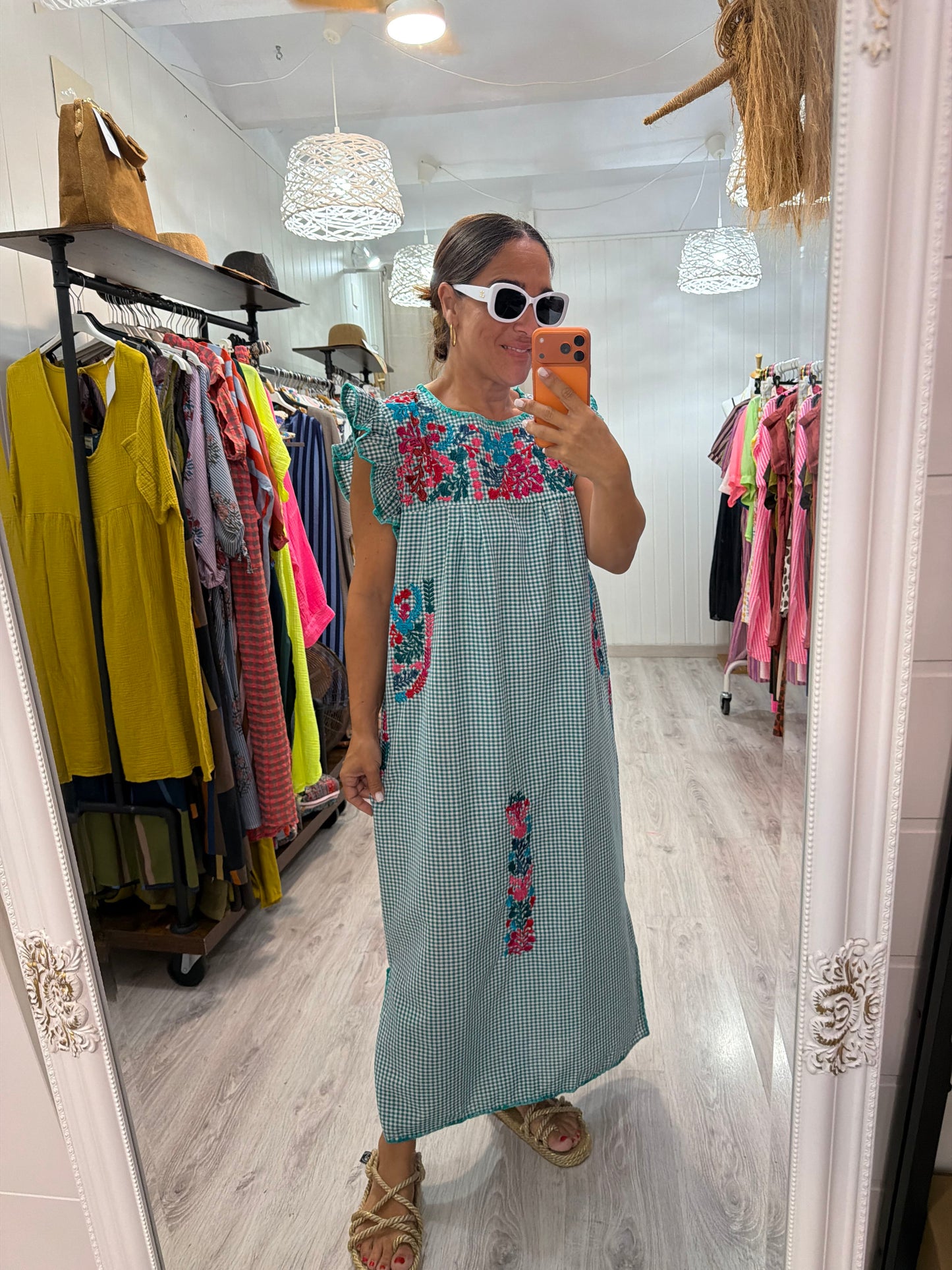 Vestido Mexicano Oaxaca Vichy floral turquesa