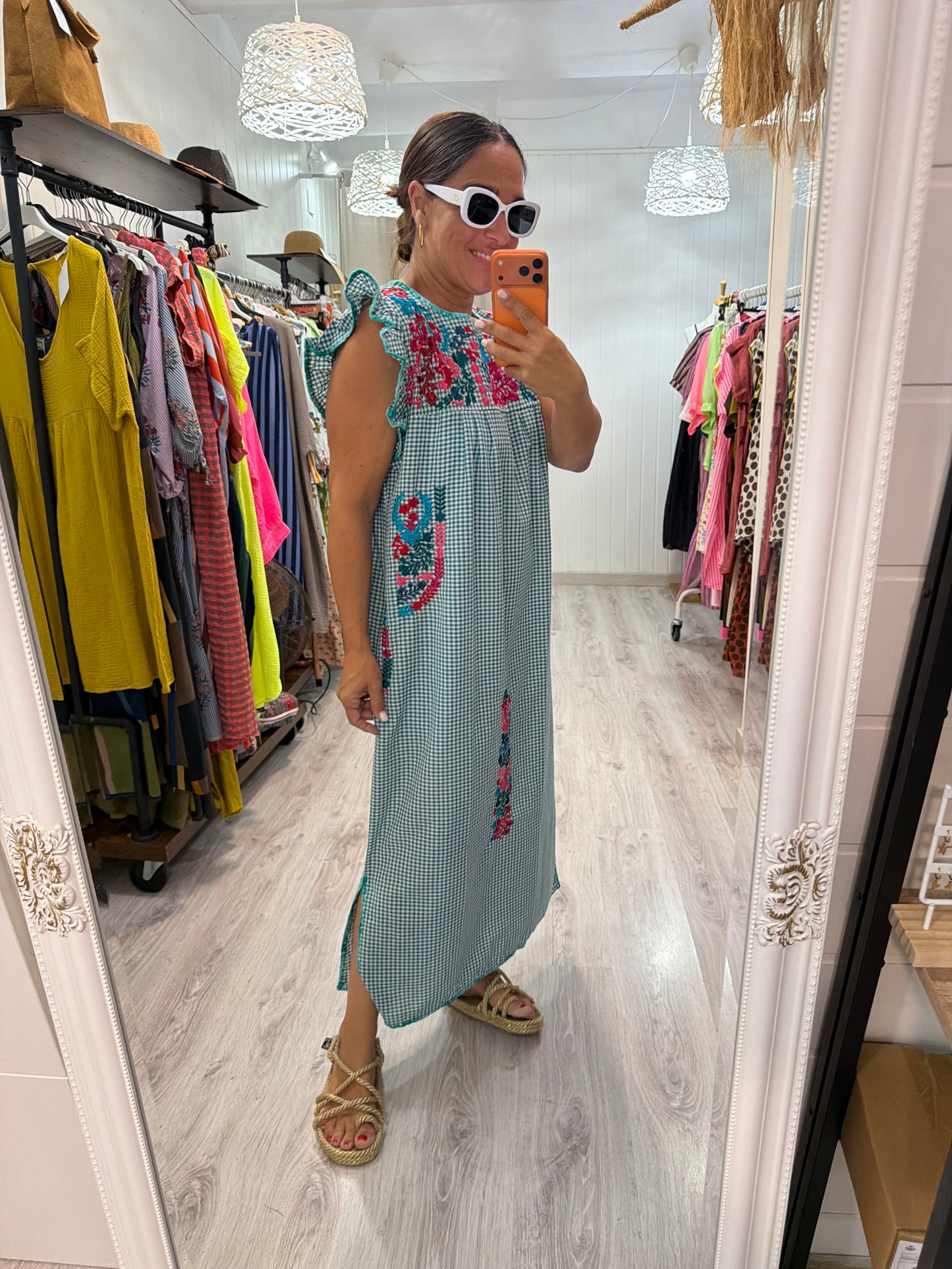 Vestido Mexicano Oaxaca Vichy floral turquesa