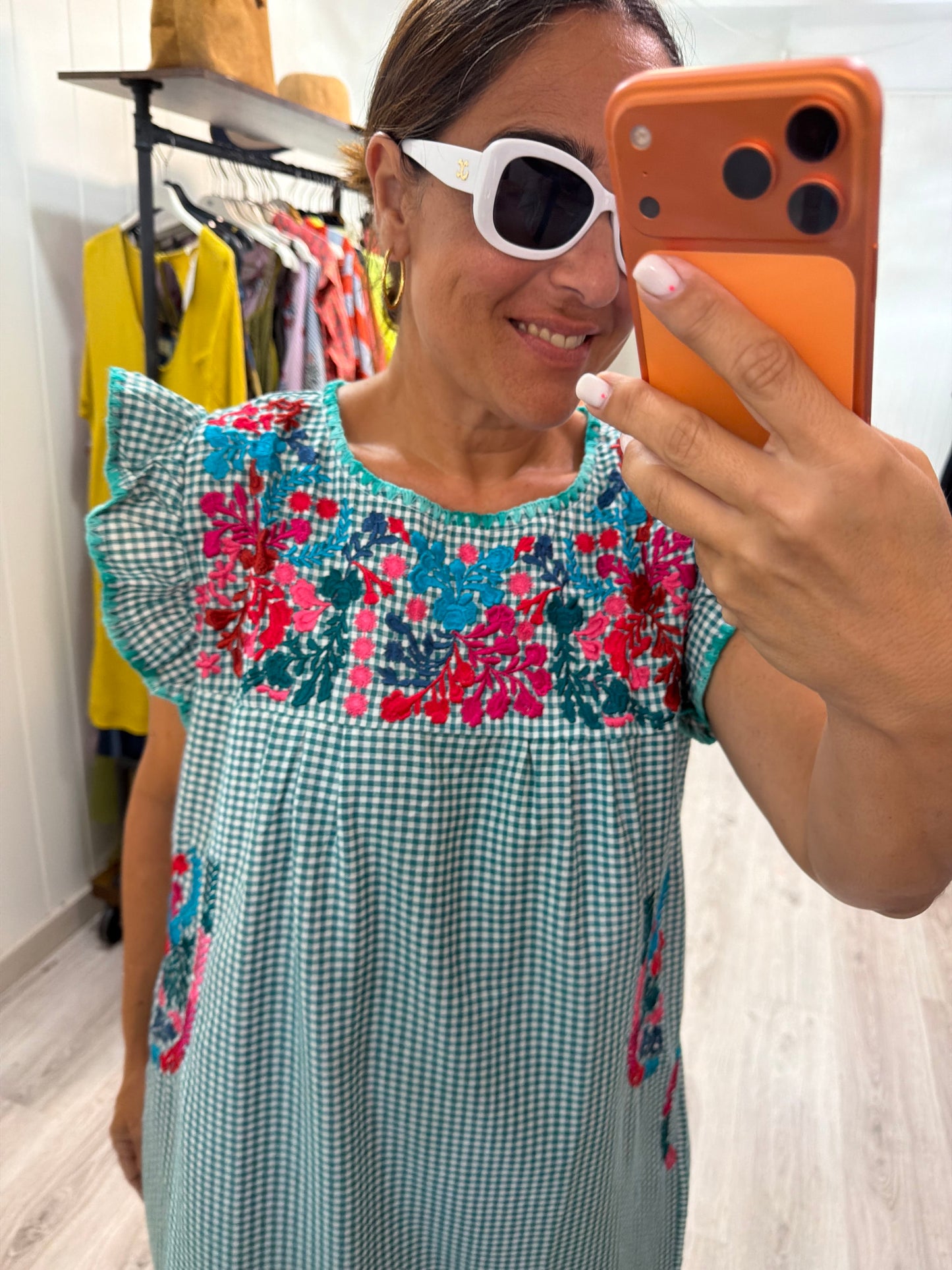 Vestido Mexicano Oaxaca Vichy floral turquesa