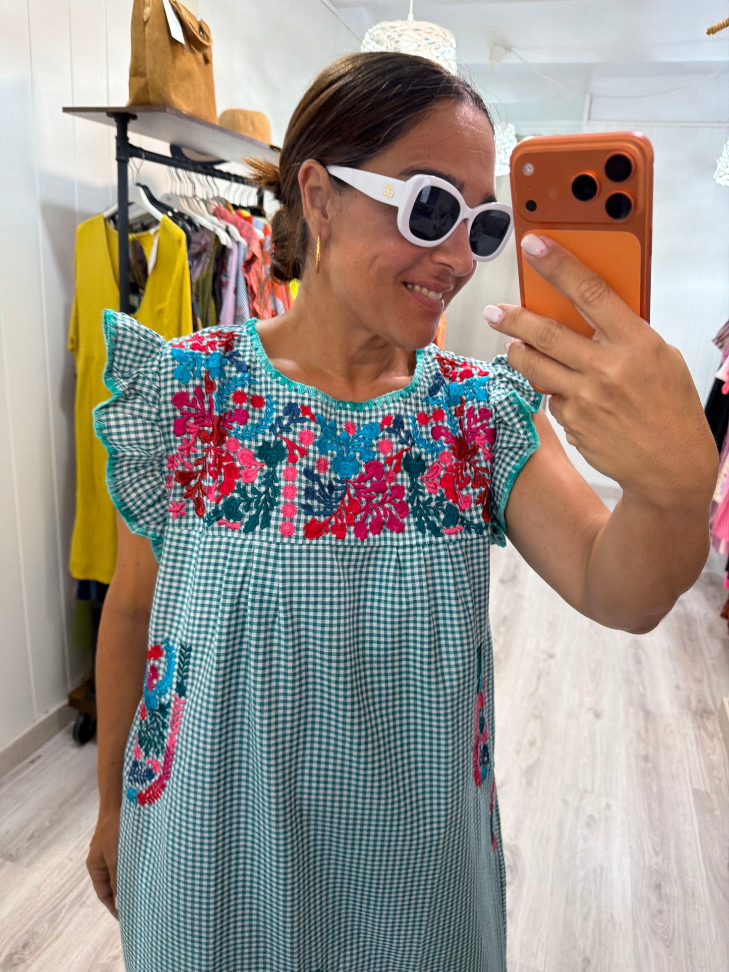 Vestido Mexicano Oaxaca Vichy floral turquesa