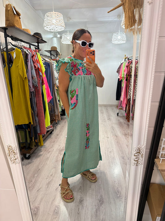 Vestido Mexicano Oaxaca Vichy floral turquesa