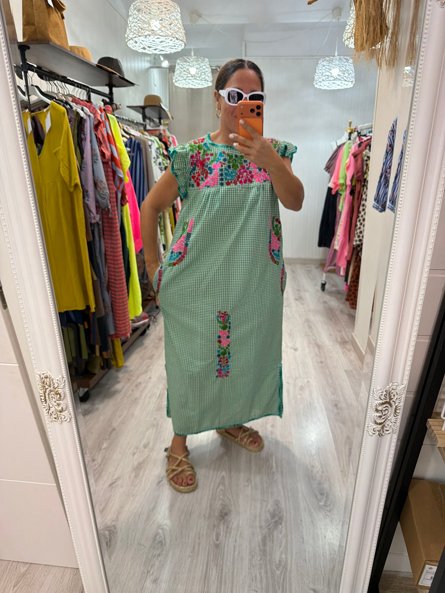 Vestido Mexicano Oaxaca Vichy floral turquesa