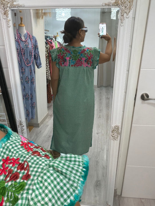 Vestido Mexicano Oaxaca Vichy floral turquesa