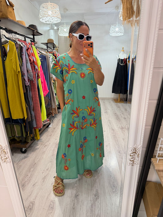 Vestido Mexicano Tijuana largo turquesa