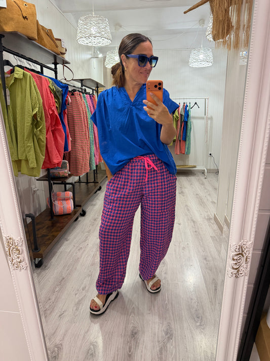 Pantalón vichy fluor fucsia y azul klein
