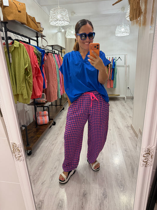 Pantalón vichy fluor fucsia y azul klein
