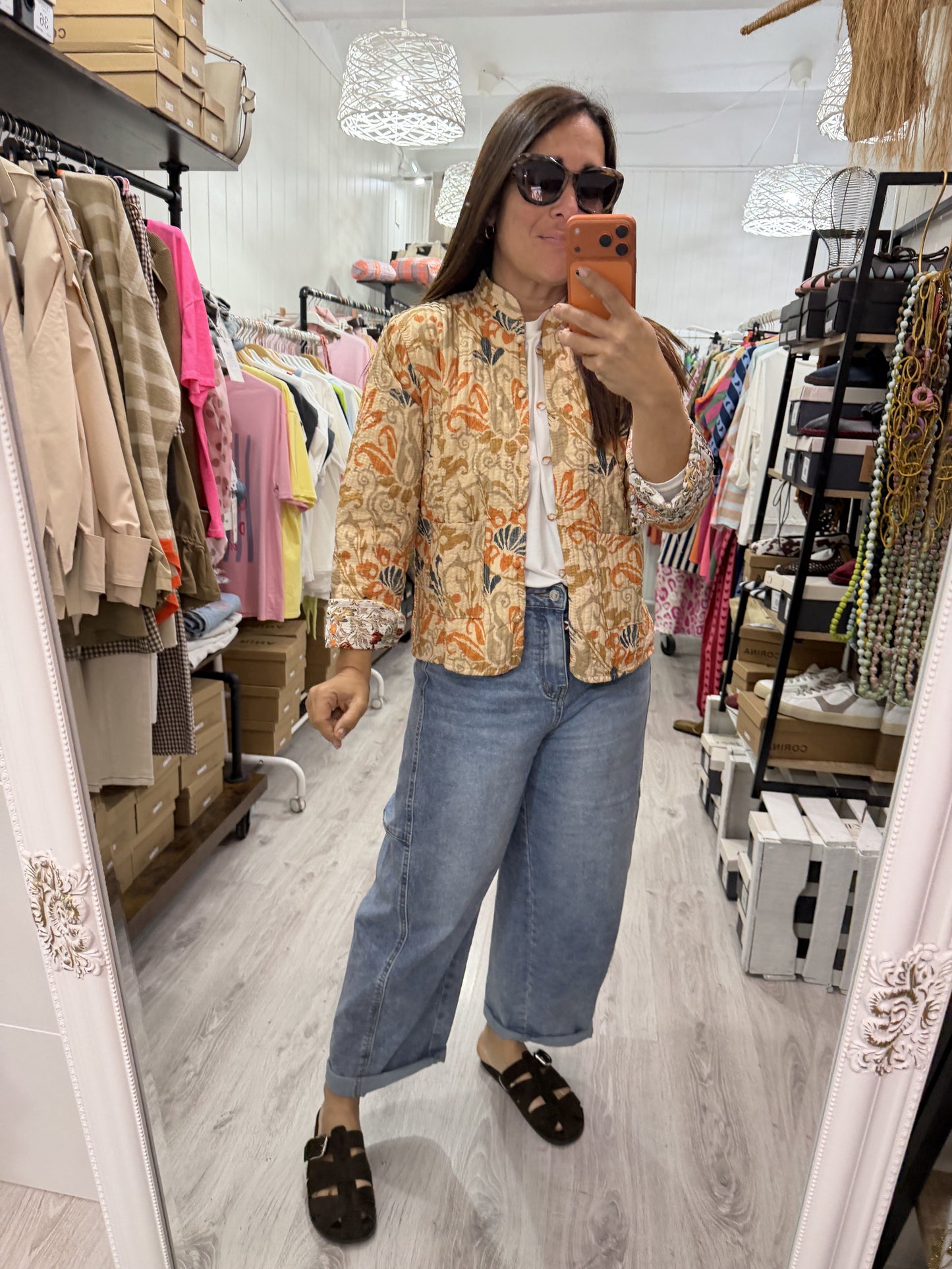 Chaqueta India reversible flores beige y teja
