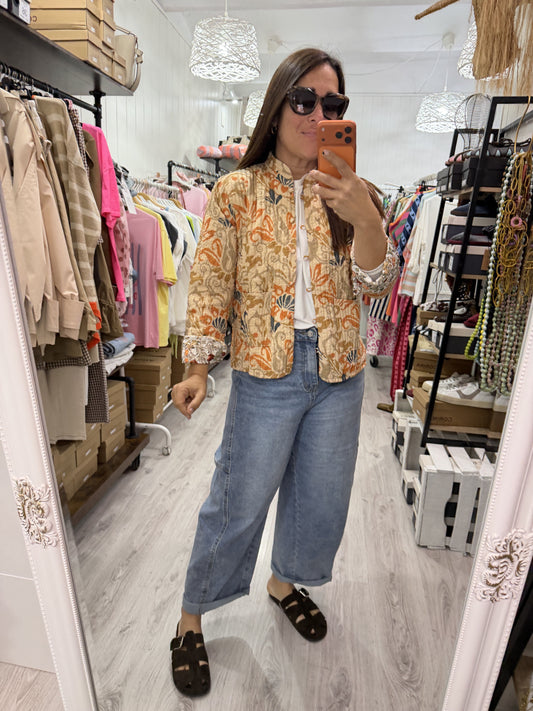 Chaqueta India reversible flores beige y teja