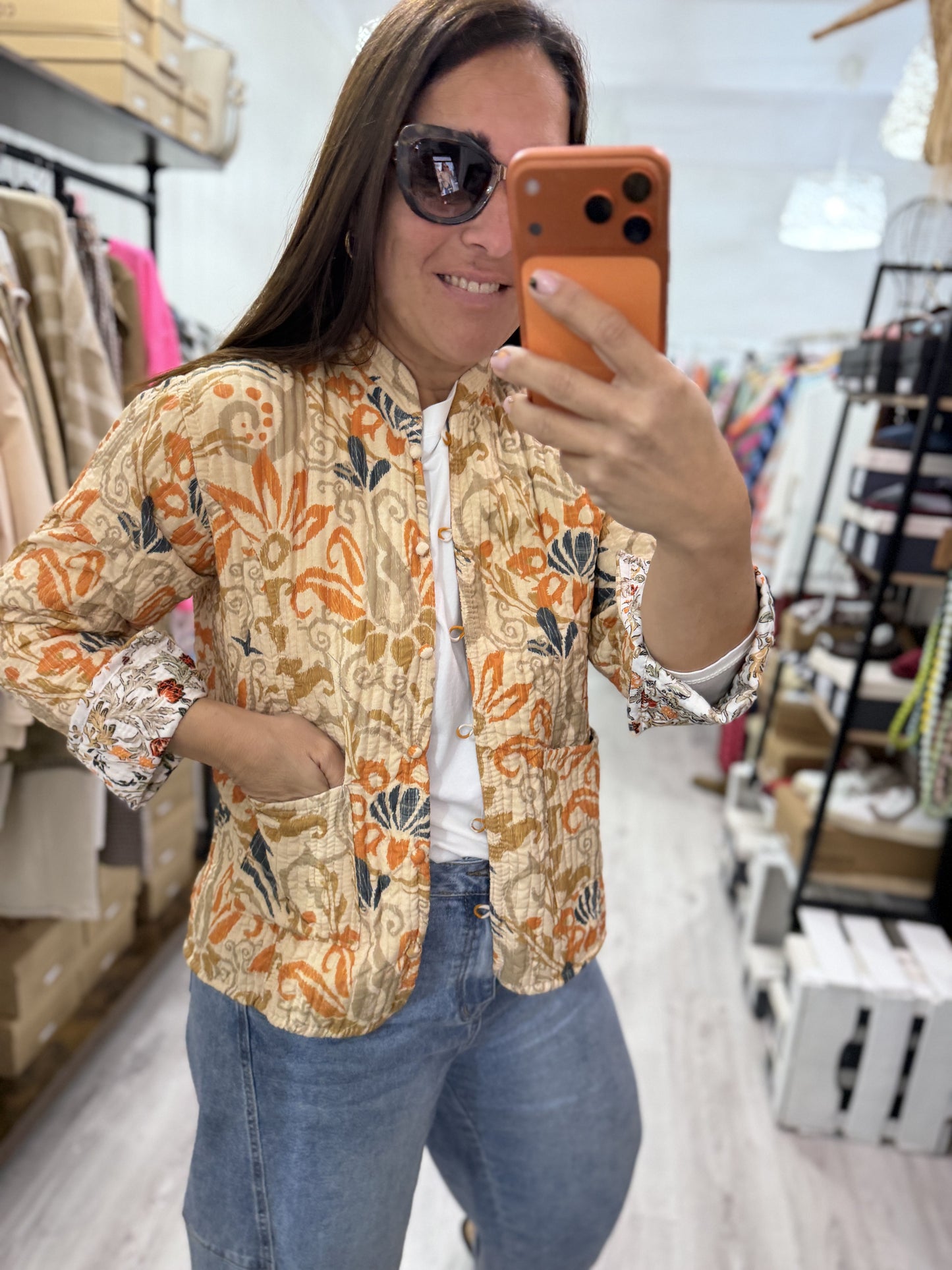 Chaqueta India reversible flores beige y teja