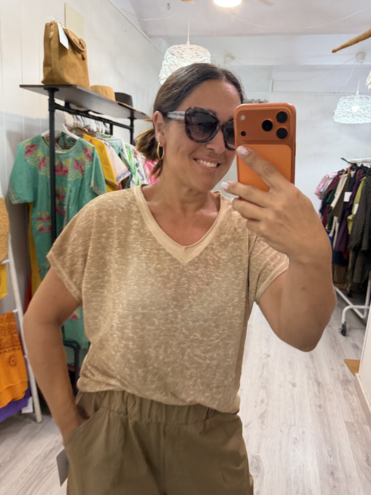 Camiseta Boho manga corta camel