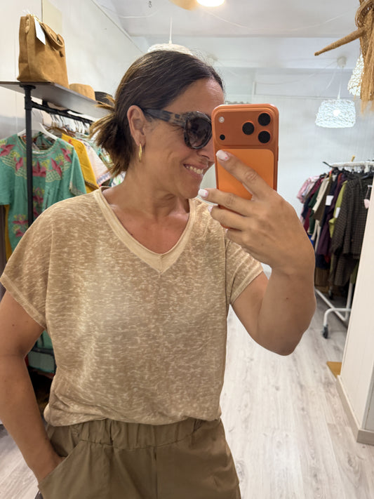 Camiseta Boho manga corta camel
