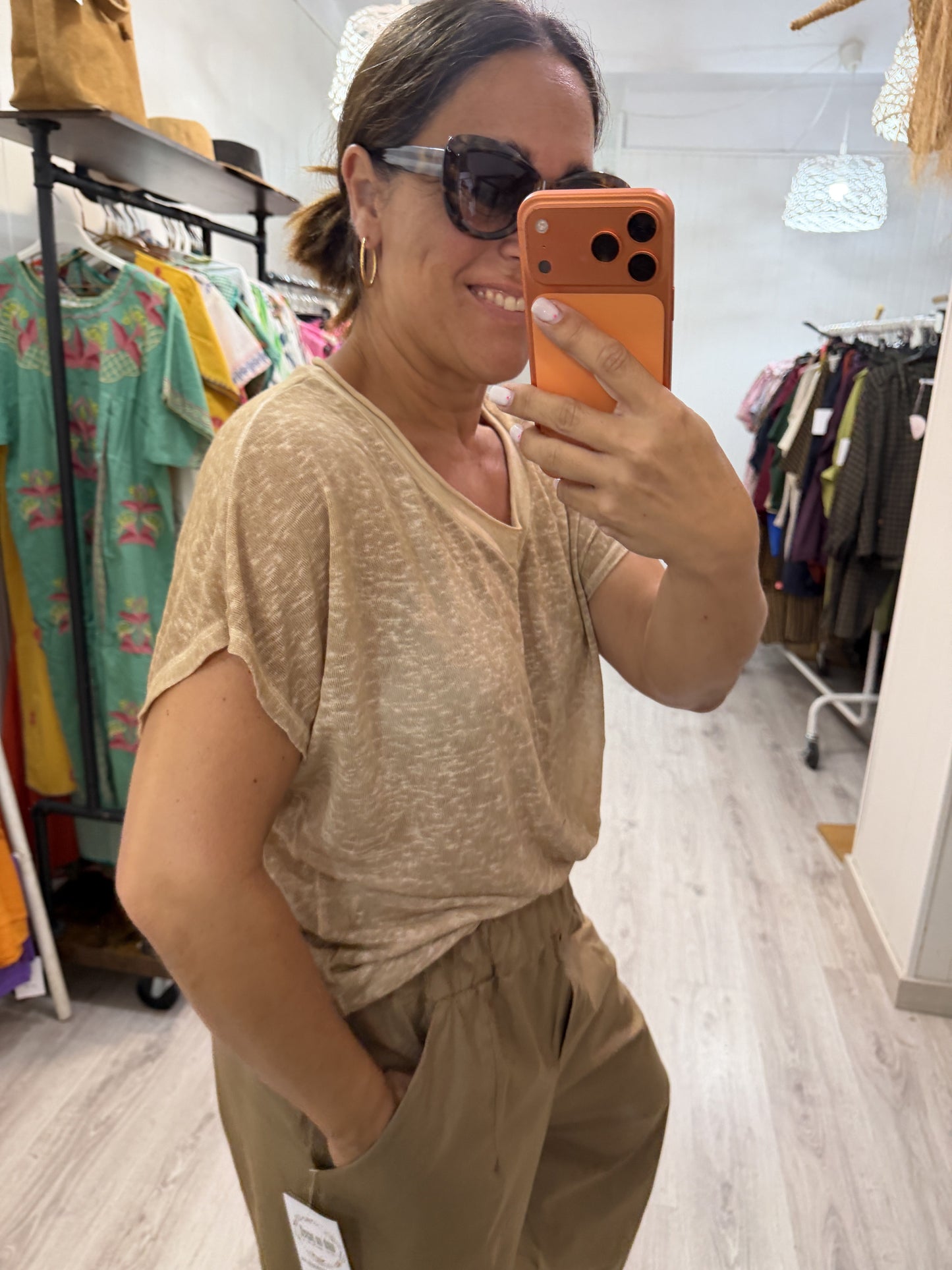 Camiseta Boho manga corta camel
