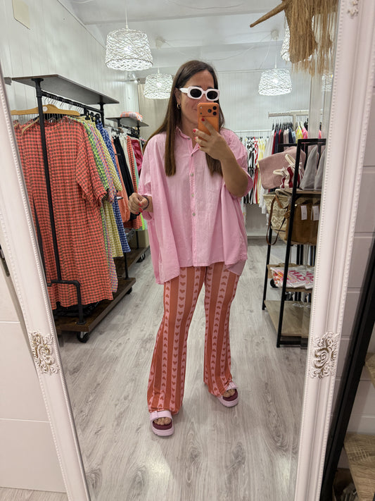 Pantalón Cuores campana licra fría naranja y rosa