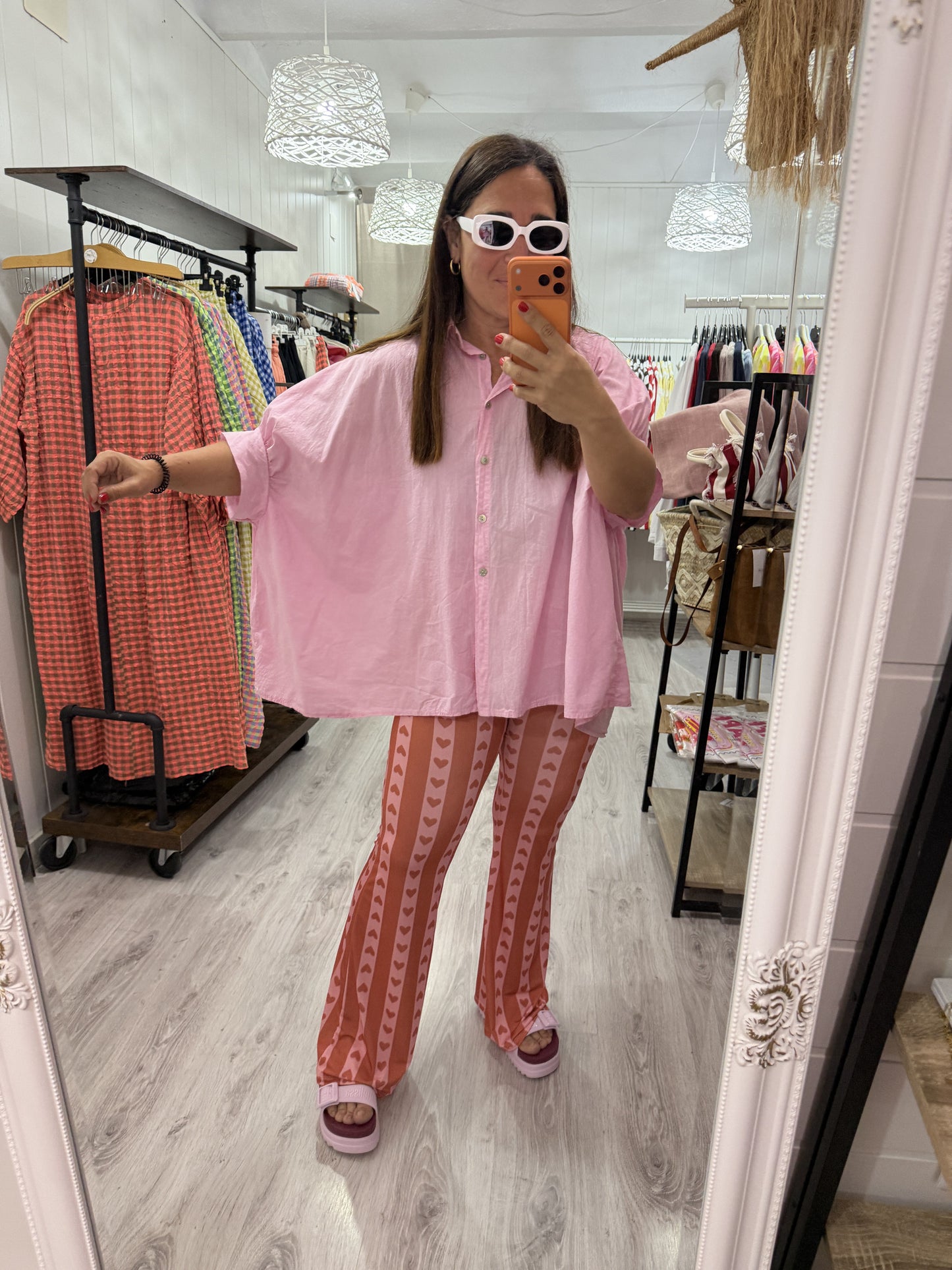 Pantalón Cuores campana licra fría naranja y rosa