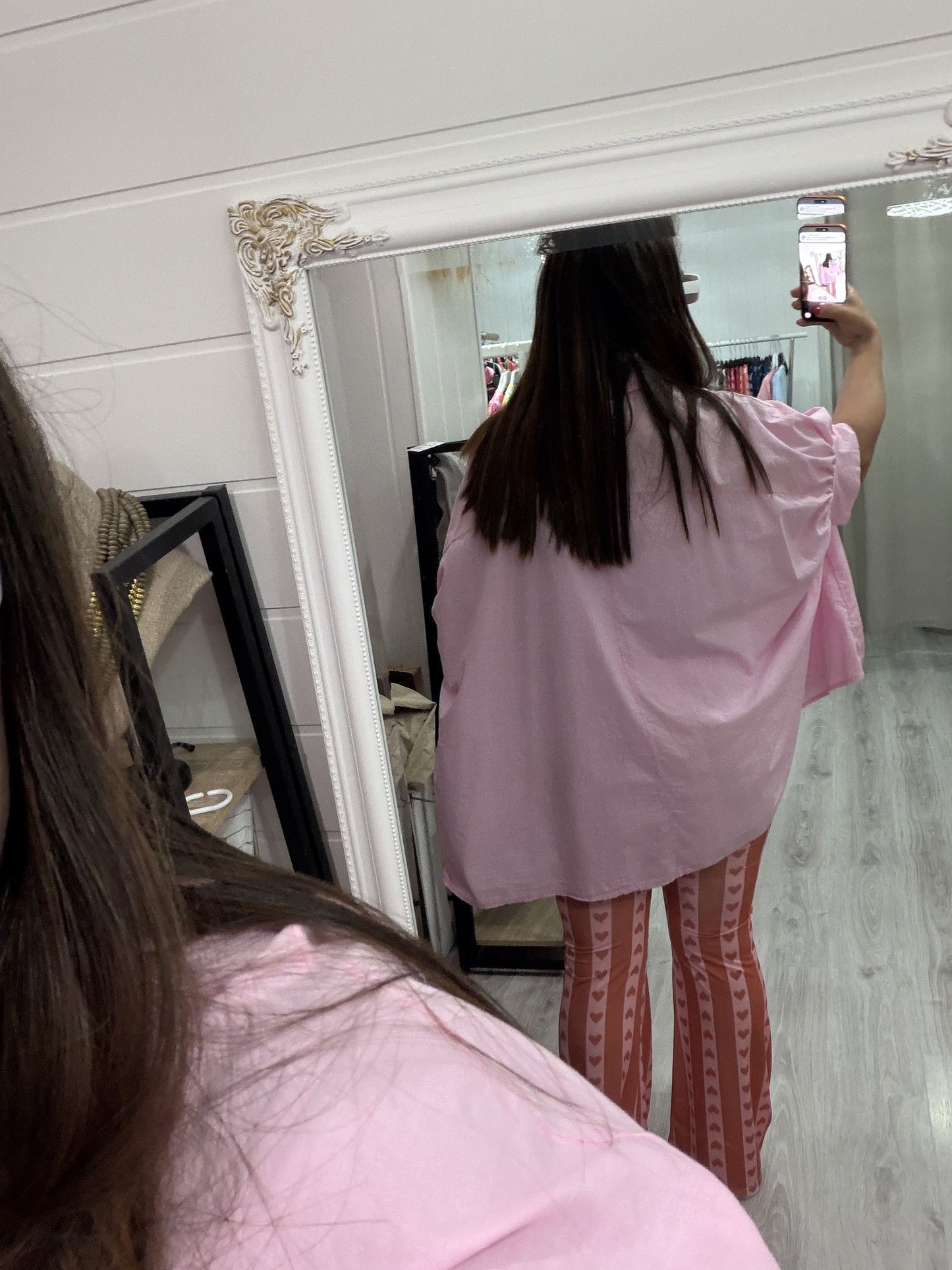 Pantalón Cuores campana licra fría naranja y rosa