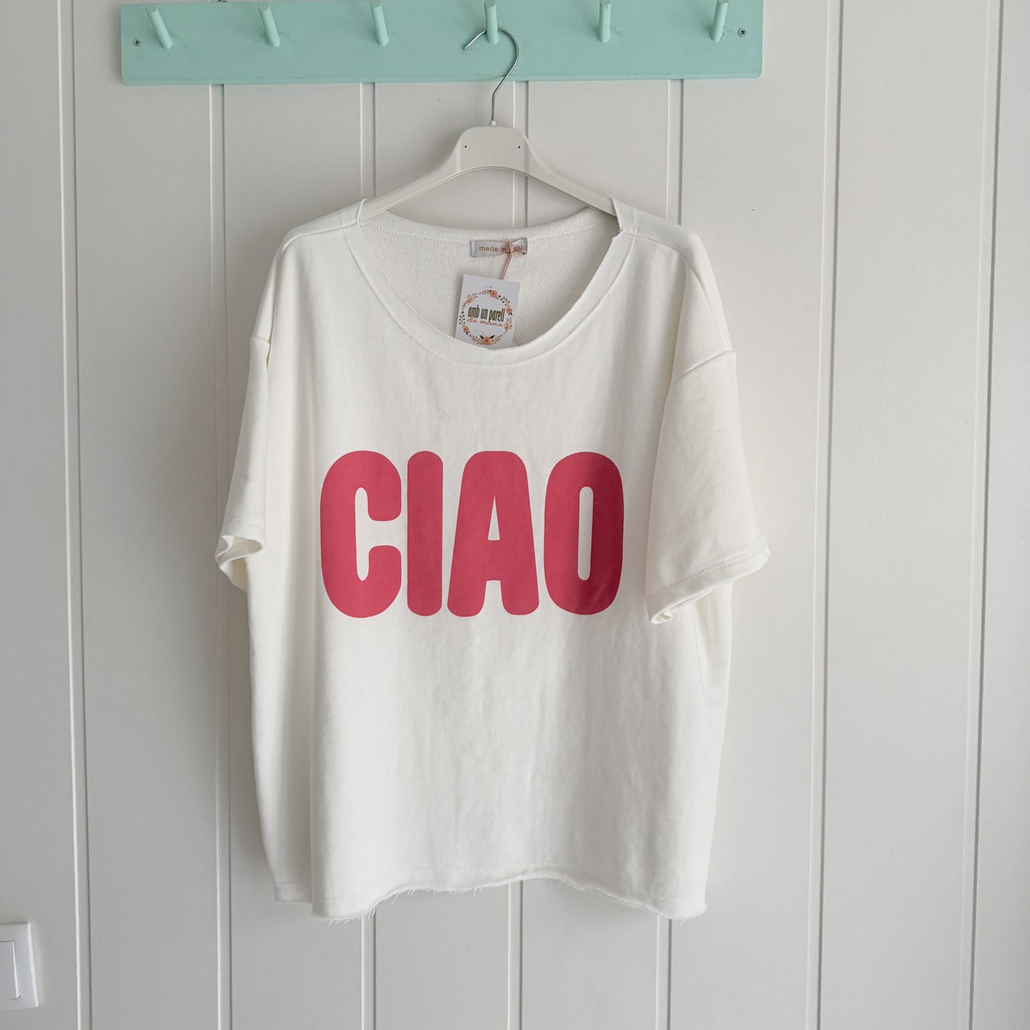 Sudadera Ciao manga corta blanco y rosa