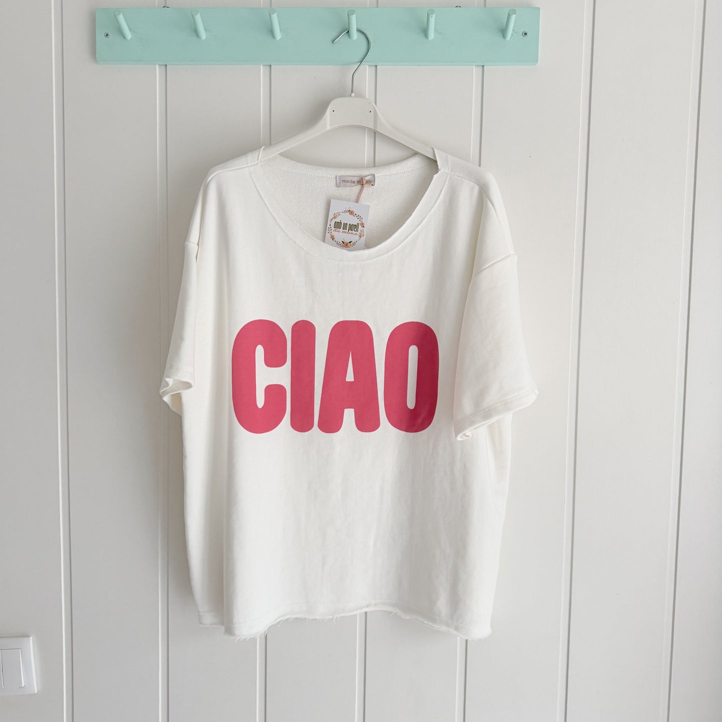 Sudadera Ciao manga corta blanco y rosa
