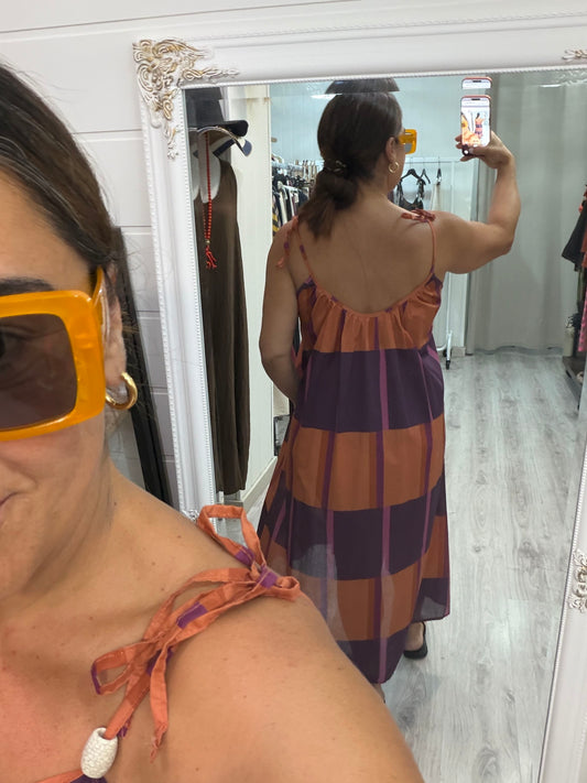 Vestido Geo berenjena y naranja
