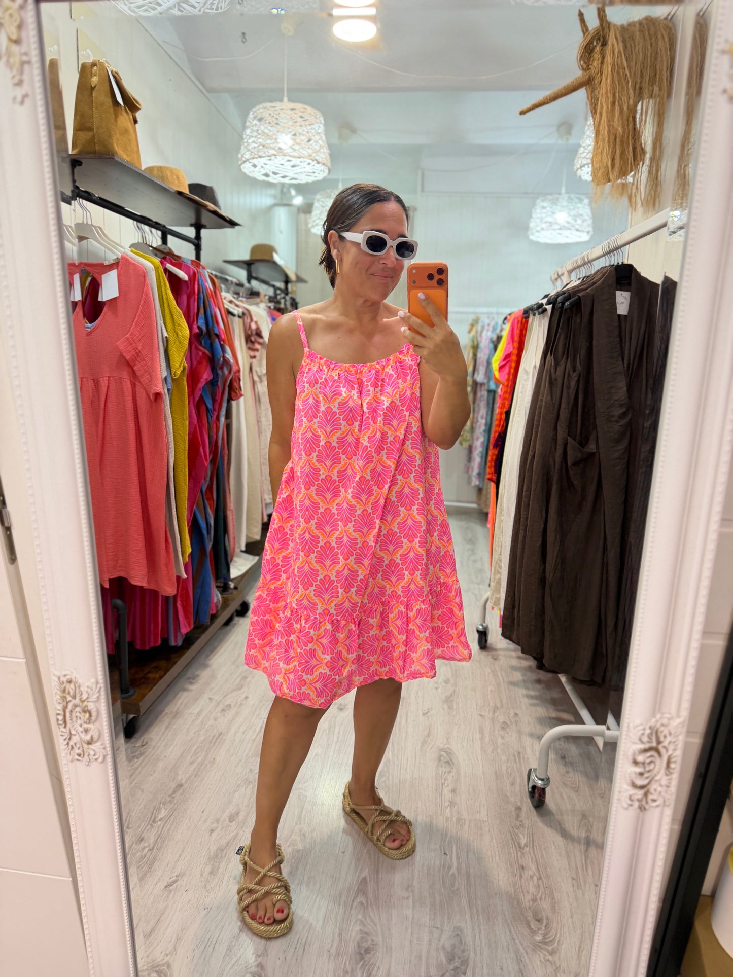 Vestido tirantes Santorini fucsia y naranja