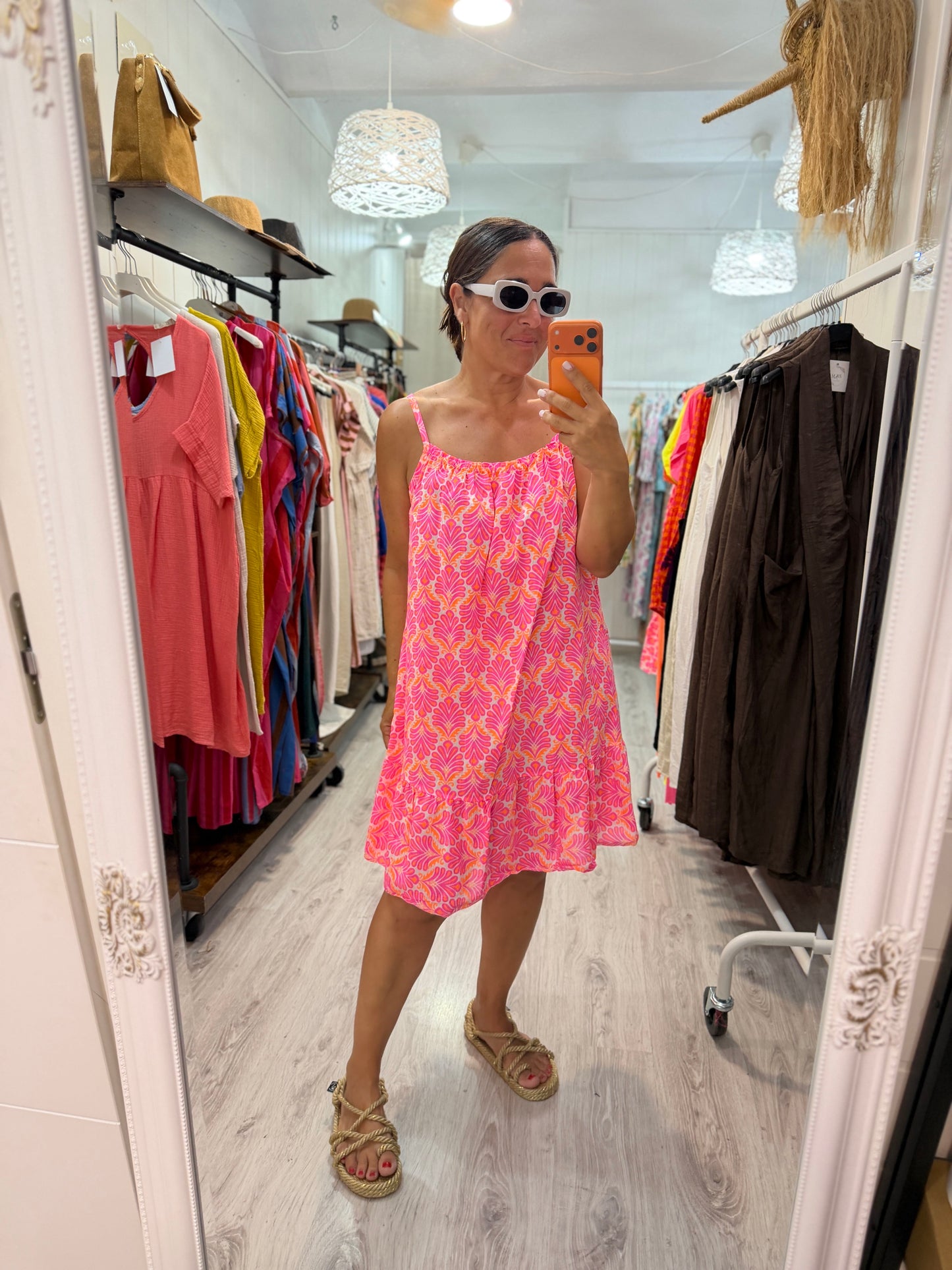 Vestido tirantes Santorini fucsia y naranja