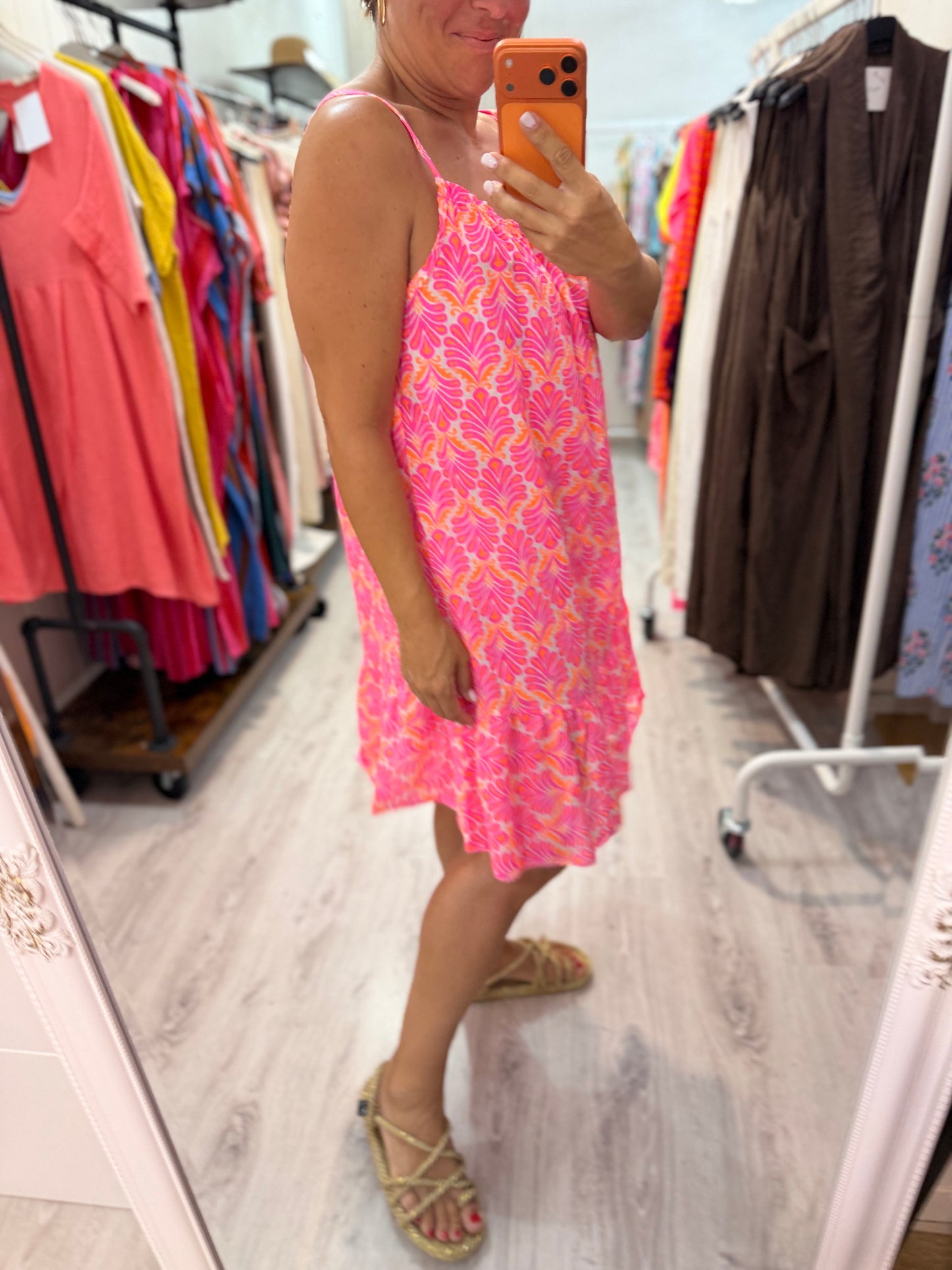 Vestido tirantes Santorini fucsia y naranja