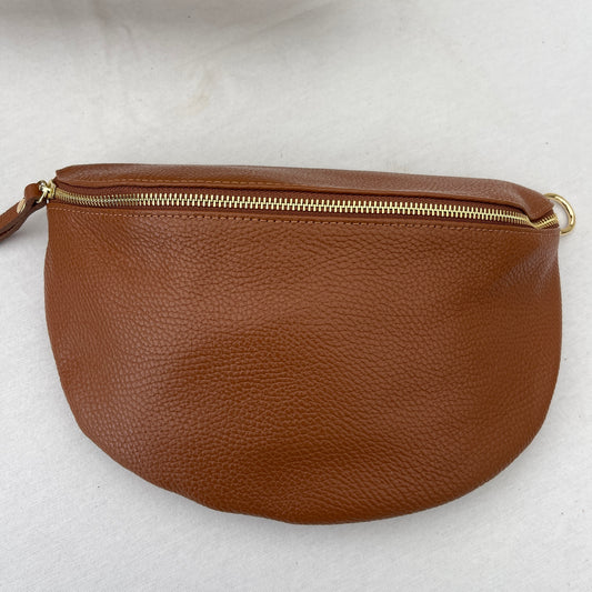 Riñonera bandolera 100% piel camel - GRANDE