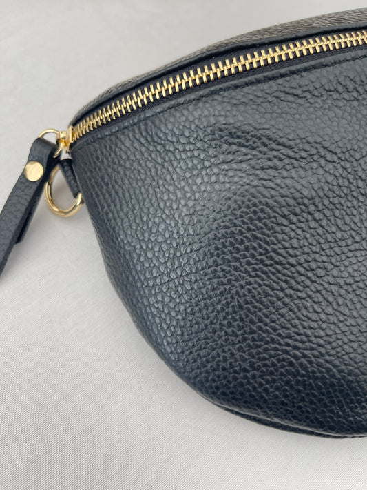 Riñonera bandolera 100% piel negro - GRANDE